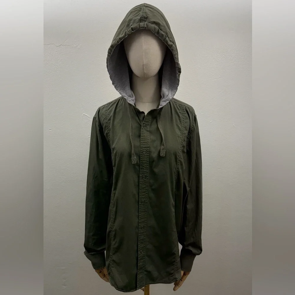 American Rag Olive Green Hooded Button Up Shirt Jacket Size M Cotton